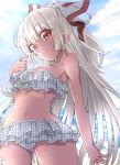  1girl bikini blue_sky bow clouds commentary_request day from_below fujiwara_no_mokou hair_bow head_tilt highres isagi long_hair looking_at_viewer looking_down midriff navel polka_dot polka_dot_bikini red_eyes sky smile solo swimsuit touhou very_long_hair white_bikini white_bow white_hair 