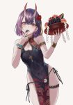  1girl absurdres bare_arms bare_shoulders blush breasts china_dress chinese_clothes dress fate/grand_order fate_(series) food gold_can hair_ornament hand_to_own_mouth hands_up highres horns looking_at_viewer oni oni_horns purple_hair short_hair shuten_douji_(fate/grand_order) simple_background small_breasts strap thighs violet_eyes 