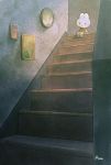  ayu_(mog) indoors looking_at_viewer no_humans original painting_(object) rabbit signature sitting stairs 