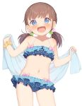  1girl :d ass_visible_through_thighs bangs bare_shoulders bikini blue_bikini blue_eyes blush brown_hair collarbone commentary_request eyebrows_visible_through_hair hair_ornament hands_up holding holding_towel layered_bikini long_hair looking_at_viewer low_twintails muku_(muku-coffee) navel open_mouth original polka_dot polka_dot_bikini scrunchie simple_background smile solo star_(symbol) star_hair_ornament swimsuit towel twintails white_background wrist_scrunchie yellow_scrunchie 