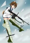 1girl absurdres animal_ears bangs black_neckerchief blouse blue_sailor_collar brown_eyes brown_hair clouds cloudy_sky commentary dog_ears dog_tail drum_magazine flying full_body gun heavy_machine_gun highres holding holding_gun holding_weapon leaning_forward long_sleeves looking_at_viewer machine_gun magazine_(weapon) miyafuji_yoshika neckerchief no_pants open_mouth outdoors sailor_collar short_hair sky smile solo strike_witches striker_unit tail turkeysand_(fernandear_504) type_99_cannon weapon white_blouse world_witches_series 