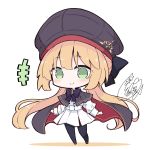  1girl artoria_caster artoria_pendragon_(all) beni_shake blonde_hair blush chibi commentary_request eyebrows_visible_through_hair fate/grand_order fate_(series) full_body green_eyes hat long_hair pantyhose skirt smile solo standing 