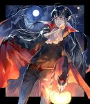  1boy ahoge bangs black_cape black_hair cape closed_mouth clouds cloudy_sky gloves holding holding_lantern kyouichi lantern long_hair male_focus moon moonlight night night_sky original outdoors pointy_ears red_cape red_eyes sky solo tree vampire white_gloves 