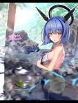  1girl azur_lane bare_shoulders blue_hair blurry blush day depth_of_field from_side gascogne_(azur_lane) headgear highres leaf letterboxed looking_at_viewer mechanical_halo multicolored_hair onsen outdoors partially_submerged short_hair sitting solo streaked_hair sugita_ranpaku twitter_username water yellow_eyes 