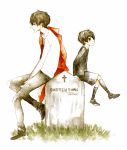  2boys black_hair child coat darren_shan dual_persona formal male_focus multiple_boys necktie red_coat short_hair shorts sitting suit the_saga_of_darren_shan time_paradox tombstone traditional_media watercolor_(medium) 