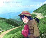  1girl backpack bag bangs blue_hair clouds dated day hair_between_eyes happy_birthday hat jyon long_hair looking_at_viewer looking_back love_live! love_live!_school_idol_project mountain mountainous_horizon open_mouth outdoors sky sonoda_umi yellow_eyes 