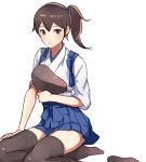  1girl black_legwear blue_hakama brown_eyes brown_hair hakama hakama_skirt japanese_clothes kaga_(kantai_collection) kantai_collection kasumi_(skchkko) long_hair looking_at_viewer muneate side_ponytail simple_background sitting solo tasuki thigh-highs white_background yokozuwari 