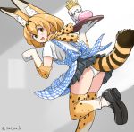  1girl adapted_costume animal_ear_fluff animal_ears animal_print apron ass blonde_hair elbow_gloves food gloves japari_bun kemono_friends looking_back panties pantyshot paw_pose plaid saijou_k serval_(kemono_friends) short_hair simple_background skindentation solo tail thigh-highs tray underwear waitress white_panties 