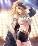  1girl animal_ears arknights arm_up azto_dio bangs bare_shoulders baseball_cap belt black_choker black_jacket black_shorts blonde_hair breasts brown_eyes choker collarbone commentary cowboy_shot ears_through_headwear english_commentary eyebrows_visible_through_hair fur-trimmed_jacket fur_trim groin hair_between_eyes hat headset highres jacket kingdom_of_victora_logo large_breasts lion_ears long_hair long_sleeves looking_at_viewer navel off_shoulder open_clothes open_jacket shirt short_shorts shorts siege_(arknights) sleeveless sleeveless_shirt solo standing stomach under_boob white_belt 