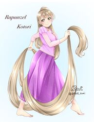 1girl barefoot blue_background character_name cosplay dress full_body furrowed_eyebrows highres holding holding_hair long_hair love_live! love_live!_school_idol_project minami_kotori rapunzel_(disney) rapunzel_(disney)_(cosplay) runi_(87025) signature tangled twitter_username very_long_hair