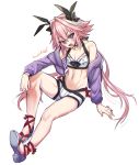  1boy artist_name astolfo_(saber)_(fate) bare_shoulders blush choker collarbone commentary_request eyebrows_visible_through_hair eyes_visible_through_hair fate/grand_order fate_(series) hair_between_eyes haoro highlights highres jacket long_hair long_sleeves looking_at_viewer midriff multicolored_hair navel open_mouth pink_hair sandals simple_background sitting solo stomach twitter_username two-tone_hair violet_eyes watermark white_background white_hair 