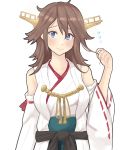  1girl absurdres alternate_hair_length alternate_hairstyle brown_hair commentary_request detached_sleeves dokuganryuu flipped_hair hairband headgear hiei_(kantai_collection) highres japanese_clothes kantai_collection long_hair medium_hair ribbon-trimmed_sleeves ribbon_trim simple_background solo white_background 