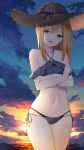  1girl absurdres aqua_eyes bangs bikini blonde_hair blue_sky blush breasts fate_(series) gradient_sky grey_bikini hat highres long_hair looking_at_viewer lord_el-melloi_ii_case_files open_mouth orange_sky reines_el-melloi_archisorte sky small_breasts smile straw_hat sunset swimsuit thighs twilight yuuuuu 