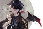  1boy bat_wings black_hair blood blood_on_face bloody_hands blue_neckwear face finger_licking fingernails hair_between_eyes kyouichi licking male_focus mini_wings moon original red_eyes slit_pupils solo tongue tongue_out upper_body vampire wings 