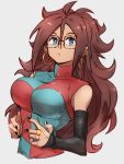  1girl android_21 black_nails blue_eyes breasts checkered checkered_dress detached_sleeves dragon_ball dragon_ball_fighterz dress earrings glasses grey_background hair_between_eyes hoop_earrings jewelry kemachiku large_breasts long_hair nail_polish redhead ring simple_background solo 