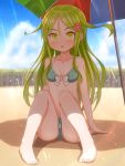  1girl absurdres bare_legs barefoot beach bikini blush bow bow_bikini breasts collarbone day eyebrows_visible_through_hair flower green_bikini green_eyes green_hair hair_flower hair_ornament highres kantai_collection long_hair nagatsuki_(kantai_collection) navel open_mouth parasol red_flower shadow small_breasts solo suzushiro_(gripen39) swimsuit toenails umbrella white_bow 