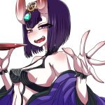  1girl bangs bare_shoulders bob_cut breasts bridal_gauntlets collarbone cup eyeliner fangs fate/grand_order fate_(series) hanya_(hanya_yashiki) headpiece highres horns japanese_clothes kimono long_sleeves looking_at_viewer makeup off_shoulder oni oni_horns open_clothes open_kimono open_mouth purple_hair purple_kimono revealing_clothes sakazuki short_eyebrows short_hair shuten_douji_(fate/grand_order) skin-covered_horns small_breasts smile violet_eyes wide_sleeves 