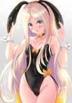 1girl abigail_williams_(fate/grand_order) animal_ears bangs black_leotard blonde_hair blue_eyes bow breasts choker coattails collarbone covered_navel fate/grand_order fate_(series) forehead gradient gradient_background highleg highleg_leotard highres koji45hiro leotard long_hair multiple_bows open_mouth orange_bow parted_bangs rabbit_ears small_breasts sparkle strapless strapless_leotard thighs wrist_cuffs 