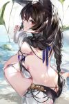  1girl animal_ears ass back bangs bare_shoulders black_hair black_swimsuit blush breasts butt_crack day erune from_behind granblue_fantasy hair_between_eyes highres hinahino long_hair looking_at_viewer looking_back nier_(granblue_fantasy) off_shoulder outdoors red_eyes sideboob sitting smile solo swimsuit thighs 