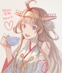  1girl :d ahoge bare_shoulders brown_hair cup dated detached_sleeves grey_background hand_up heart holding holding_cup japanese_clothes kantai_collection kasumi_(skchkko) kongou_(kantai_collection) looking_at_viewer miko open_mouth signature simple_background smile solo teacup violet_eyes wide_sleeves 