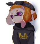  1girl bandana bangs black_headwear black_shirt blunt_bangs busujima_funya commentary domino_mask highres hood hood_down hoodie inkling long_sleeves looking_to_the_side mask orange_hair parted_lips pointy_ears print_shirt shadow shirt short_hair simple_background solo splatoon_(series) tentacle_hair twitter_username upper_body violet_eyes white_background 