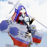  1girl absurdres american_flag asymmetrical_legwear bangs bigkwl black_neckwear blue_eyes blue_hair breasts clouds commentary eyebrows_visible_through_hair flag grin highres holding holding_staff huge_filesize kantai_collection long_hair long_sleeves multicolored_hair necktie redhead rigging single_leg_pantyhose single_thighhigh smile solo south_dakota_(kantai_collection) staff star_(symbol) thigh-highs white_hair 