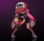  1girl artist_name bangs baseball_cap bike_shorts black_shorts blunt_bangs busujima_funya commentary cross-laced_footwear domino_mask gradient gradient_background hat highres holding holding_weapon inkling leaning_forward logo long_hair looking_at_viewer mask open_mouth pink_eyes pink_hair pointy_ears print_headwear print_shirt purple_background red_headwear reflection shirt shoes shorts single_vertical_stripe smirk solo splatoon_(series) splatoon_1 standing t-shirt tan tentacle_hair twitter_username weapon white_footwear 