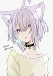  1girl ahoge animal_ear_fluff animal_ears bangs black_collar brown_shirt cat_ears character_name collar collarbone commentary_request eyebrows_visible_through_hair grey_background hair_over_one_eye highres hololive looking_at_viewer mitoko_(kuma) nekomata_okayu parted_lips purple_hair shirt simple_background solo upper_body violet_eyes virtual_youtuber 
