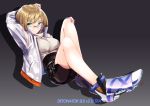  1girl absurdres blonde_hair blue_eyes breasts english_text glasses highres jacket large_breasts looking_to_the_side original shoes silenxe sneakers solo thick_eyebrows track_jacket 
