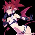  1girl bat_wings belt black_background blush breasts demon_girl demon_tail disgaea earrings elbow_gloves etna gloves jewelry kajin_(kajinman) long_hair looking_at_viewer makai_senki_disgaea midriff mini_wings navel red_eyes redhead shiny shiny_hair shiny_skin short_shorts shorts simple_background skull_earrings small_breasts smile standing tail wings 