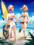 2girls ahoge anger_vein artoria_pendragon_(all) artoria_pendragon_(swimsuit_archer) ass back ball bare_shoulders beach beachball bikini blonde_eyebrows blonde_hair braid commentary_request day fate/grand_order fate_(series) female_ass female_only flying_sweatdrops full_body hair_bun highres knees_together_feet_apart mordred_(fate)_(all) mordred_(swimsuit_rider)_(fate) multiple_girls outdoors ponytail sandals sky sleeveless standing surfboard swimsuit thighs thighs_together tonee water