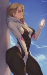  1girl against_wall artist_name ass_press blonde_hair blue_eyes bodysuit breasts cellphone commentary gwen_stacy highres hood long_hair marvel phone shexyo short_hair smartphone solo spider-gwen spider-man:_into_the_spider-verse spider-man_(series) thighs undercut 