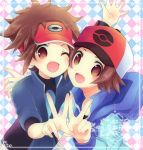  2boys baseball_cap blue_hoodie blue_jacket blush brown_eyes brown_hair commentary_request happy hat hood hoodie jacket kokoroko kyouhei_(pokemon) multiple_boys one_eye_closed open_mouth poke_ball_print pokemon pokemon_(game) pokemon_bw pokemon_bw2 red_headwear spiky_hair tongue touya_(pokemon) visor_cap w 