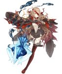  1girl bandages belt belt_buckle blonde_hair blood bloody_bandages boots buckle cloak cross-laced_footwear deep_wound eyepatch frills full_body fur_trim grin injury ji_no little_red_riding_hood_(sinoalice) looking_at_viewer mace official_art orange_eyes sinoalice smile solo thigh-highs thigh_boots torn_clothes transparent_background weapon 