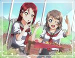  2girls ;d absurdres bangs blue_eyes blurry_foreground blush collarbone collared_shirt dutch_angle eating grey_hair grey_sailor_collar grey_skirt hair_between_eyes hair_ornament hairclip highres holding holding_spoon long_hair looking_at_viewer love_live! love_live!_sunshine!! miniskirt multiple_girls neckerchief one_eye_closed open_mouth pleated_skirt red_neckwear redhead sailor_collar sailor_shirt sakurauchi_riko school_uniform serafuku shiny shiny_hair shirt short_hair sitting skirt smile spoon tongue tongue_out uranohoshi_school_uniform watanabe_you white_shirt yellow_eyes yuchi_(salmon-1000) 