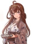  1girl ahoge alternate_costume baozi breasts brown_hair commentary_request double_bun food hairband head_tilt japanese_clothes kantai_collection kimono kongou_(kantai_collection) large_breasts long_hair looking_at_viewer simple_background solo upper_body violet_eyes white_background white_kimono wss_(nicoseiga19993411) yukata 