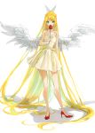  1girl absurdly_long_hair angel angel_wings bangs blonde_hair blue_eyes bow covering_mouth dress flower full_body hair_bow hair_ornament hairclip high_heels highres holding holding_flower kagamine_rin long_hair looking_at_viewer red_flower red_footwear red_rose rose shadow standing swept_bangs very_long_hair vocaloid white_background white_bow whiteskyash wings yellow_dress 