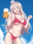  1girl alcohol bangs bare_arms bare_shoulders beer beer_mug bikini blue_sky blush breasts brown_eyes collarbone contrapposto cowboy_shot cup day hair_between_eyes hat head_tilt highres holding holding_cup kantai_collection large_breasts long_hair looking_at_viewer mini_hat mug navel outdoors pola_(kantai_collection) red_bikini shingyo silver_hair sky solo stomach swimsuit thighs under_boob very_long_hair white_headwear 