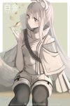  1girl animal_ear_fluff animal_ears arknights black_footwear boots character_name commentary feet_out_of_frame grey_eyes hand_up highres jacket ksartworks leaf long_hair platinum_(arknights) revision short_shorts shorts silver_hair sitting solo thigh-highs thigh_boots very_long_hair white_jacket white_shorts 