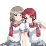  2girls bangs blue_eyes closed_mouth collarbone collared_shirt grey_hair grey_sailor_collar grey_skirt grin hair_between_eyes highres long_hair looking_at_viewer love_live! love_live!_sunshine!! miniskirt multiple_girls neckerchief pleated_skirt red_neckwear redhead sailor_collar sailor_shirt sakurauchi_riko school_uniform serafuku shiny shiny_hair shirt short_hair short_sleeves simple_background sitting skirt smile sweatdrop thought_bubble uranohoshi_school_uniform watanabe_you white_background white_shirt yellow_eyes yuchi_(salmon-1000) 