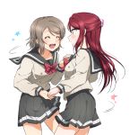  2girls :d absurdres bangs bow bowtie brown_hair closed_eyes collarbone couple cowboy_shot floating_hair from_side grey_sailor_collar grey_skirt highres holding_hands long_hair long_sleeves looking_at_another love_live! love_live!_sunshine!! miniskirt multiple_girls open_mouth pleated_skirt red_bow red_neckwear redhead sailor_collar sakurauchi_riko school_uniform shiny shiny_hair short_hair simple_background skirt smile standing sweatdrop swept_bangs uranohoshi_school_uniform watanabe_you white_background yuchi_(salmon-1000) yuri 