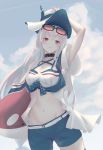 1girl 7ife absurdres arknights arm_up armpits breasts clouds commentary cowboy_shot eyewear_on_head highres holding long_hair looking_at_viewer medium_breasts navel red_eyes short_shorts shorts silver_hair skadi_(arknights) solo standing stomach sunglasses very_long_hair white_headwear 