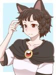  1girl alternate_hair_length alternate_hairstyle animal_ears black_capelet blue_background blush border brooch brown_hair capelet closed_mouth hand_up imaizumi_kagerou jewelry poronegi red_eyes shirt short_hair short_sleeves simple_background smile solo touhou upper_body white_border white_shirt wolf_ears 