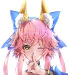  1girl absurdres animal_ear_fluff animal_ears bare_shoulders blue_ribbon collarbone commentary commentary_request fate/extella fate/extra fate/grand_order fate_(series) fox_ears fox_girl fox_shadow_puppet hair_ribbon highres japanese_clothes kamehito looking_at_viewer one_eye_closed pink_hair ribbon simple_background solo tamamo_(fate)_(all) tamamo_no_mae_(fate) white_background yellow_eyes 