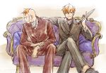  2boys blue_eyes couch dual_persona formal holding holding_weapon knife kobutya4696 larten_crepsley multiple_boys redhead scar short_hair sitting smile suit the_saga_of_darren_shan the_saga_of_larten_crepsley time_paradox weapon younger 
