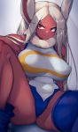  1girl animal_ears bare_shoulders blue_legwear boku_no_hero_academia breasts covered_navel covered_nipples dark_skin fur-trimmed_leotard highres kashu_(hizake) knee_up large_breasts leotard long_hair mirko outstretched_arm parted_lips rabbit_ears red_eyes sitting smile solo spread_legs symbol_commentary thick_thighs thigh-highs thighhighs_pull thighs v-shaped_eyebrows very_long_hair white_hair white_leotard 
