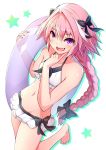  1boy astolfo_(fate) barefoot bikini black_bow blush bow braid commentary_request eyebrows_visible_through_hair fang fate/grand_order fate_(series) hair_bow highres long_hair looking_at_viewer male_focus multicolored_hair navel open_mouth otoko_no_ko pink_hair simple_background single_braid skin_fang smile solo standing standing_on_one_leg star_(symbol) streaked_hair swimsuit tgh326 violet_eyes white_background white_bikini 