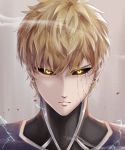  1boy commentary_request crack cyborg damaged earrings expressionless genos glowing glowing_eyes highres jewelry kako50 looking_at_viewer male_focus one-punch_man platinum_blonde_hair short_hair stud_earrings yellow_eyes 