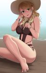  1girl :d arm_up bare_legs barefoot beach black_eyes black_swimsuit blonde_hair blush bracelet braid breasts earrings eyebrows_visible_through_hair eyes_visible_through_hair hair_over_one_eye halterneck hand_in_hair hand_on_own_chest hat highres idolmaster idolmaster_shiny_colors izumi_mei jewelry large_breasts long_hair looking_at_viewer nail_polish navel_cutout ocean one-piece_swimsuit open_mouth otsuki38 outdoors sand side-tie_swimsuit sitting sleeveless smile solo sun_hat swimsuit water 