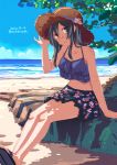  1girl alternate_costume beach black_camisole black_hair black_skirt blue_sky camisole casual clouds dappled_sunlight dated day floral_print frilled_skirt frills full_body grey_eyes horizon kantai_collection long_hair looking_at_viewer midriff ocean outdoors oyashio_(kantai_collection) rock sandals sitting skirt sky solo sunlight takuzui tree twintails 